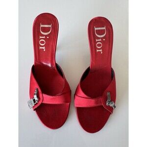 Vintage Dior Galliano Red Satin Lock & Key Mules EU 37.5 Authentic Shoes Y2K